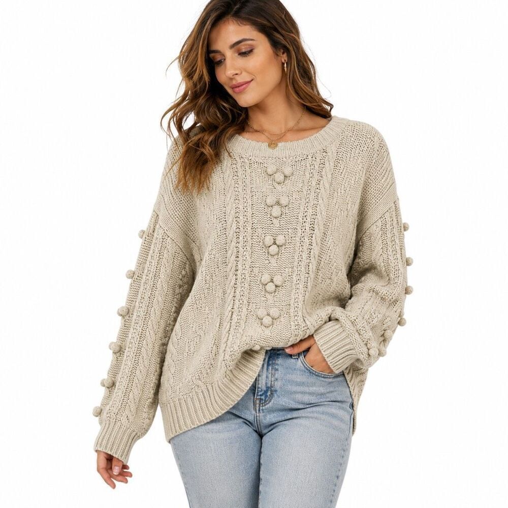En Crème Cream Cable Knit Pom Pom Sweater Oversized Boho Medium